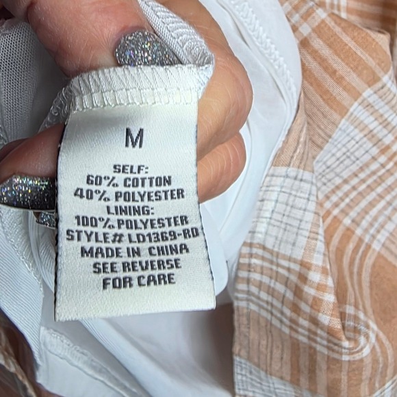 AURA Plaid Midi Dress Women Medium Orange White Smocked Puff Sleeve prairie - Picture 6 of 8